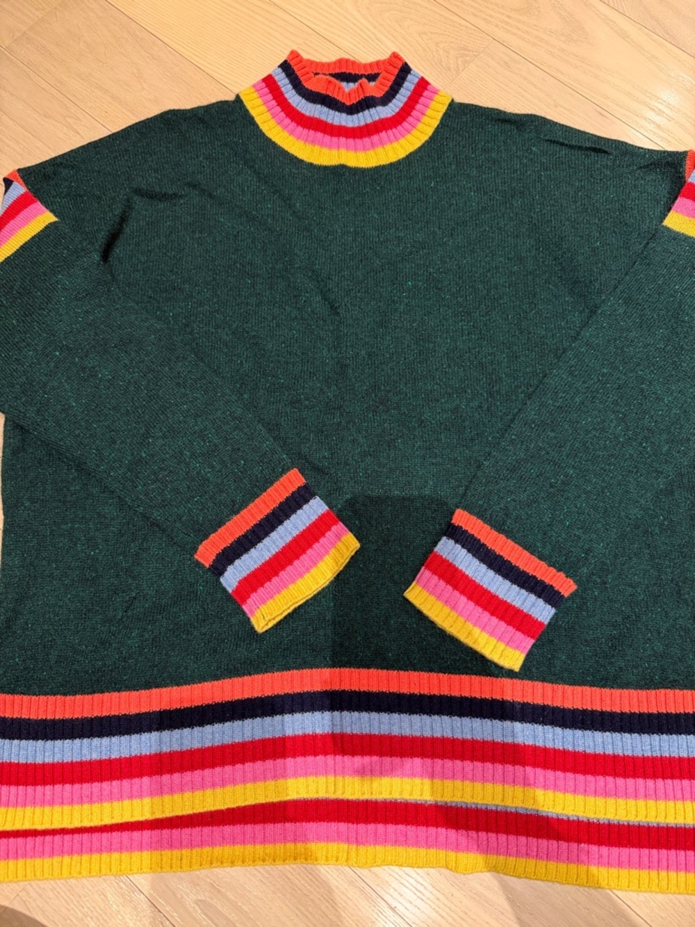 Aqua Cashmere mock neck Sweater with Multicolor Stripe Trim